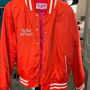 Varsity Bomber Jacket w/ “Bad Bit** With Anxiety Slogan. Trimmed in white.